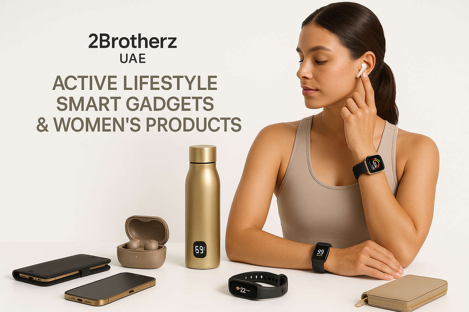suggest me a professional home page image of my store 2brotherz UAE which is according to my niche active life style smart gadgets and women products related 